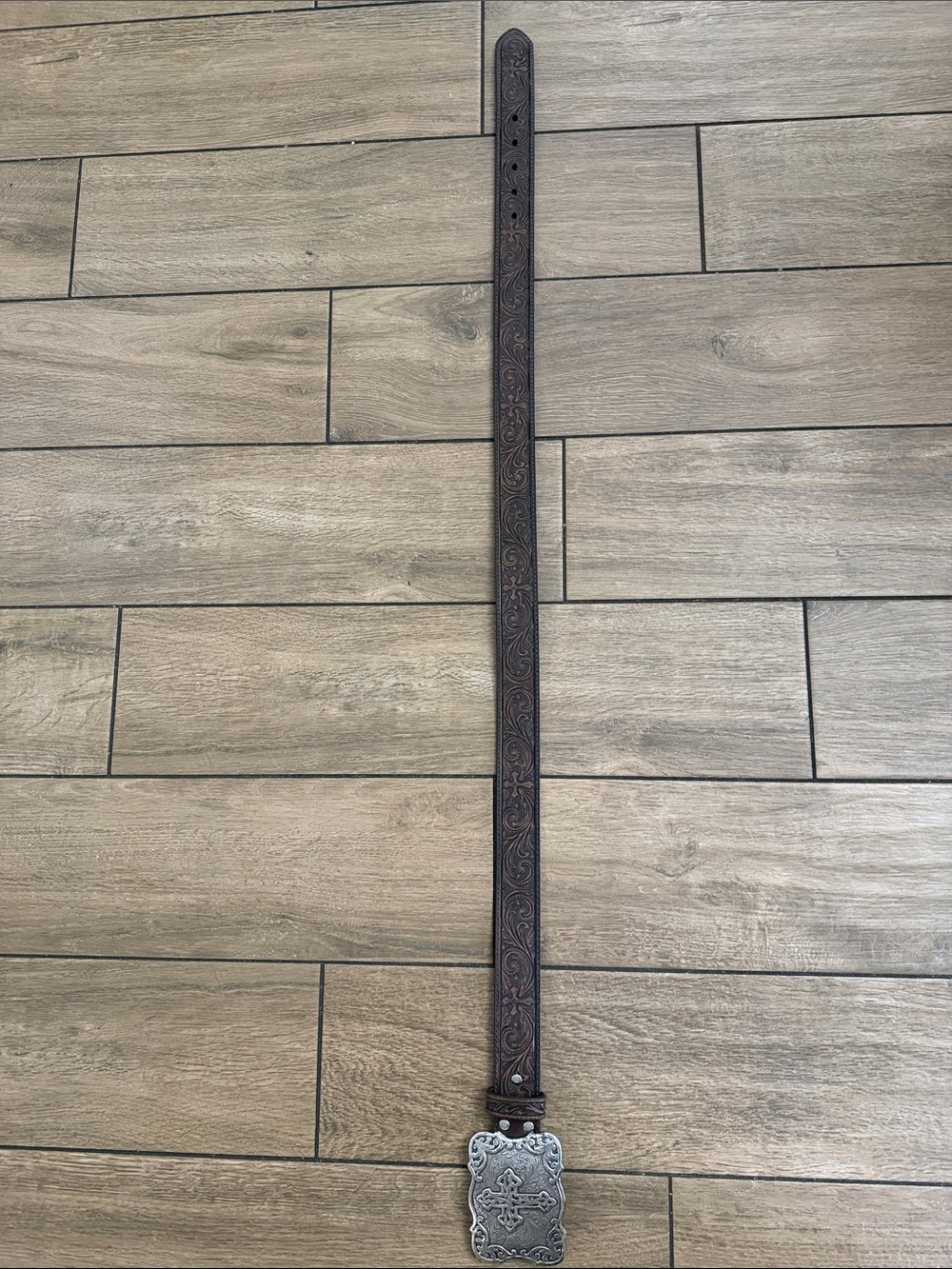 Nocona Belt Co. Brown Leather Western Belt With Cross Design & Silver Buckle